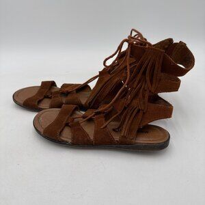 Minnetonka Brown Suede Gladiator Sandals 6 Womens Lace up Fringe Boho Festival